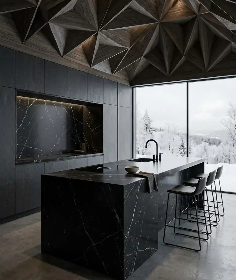 +30 Luxury Modern Kitchen Ideas: Redefining Industrial Noir and Japandi Minimalism -  Luxury Modern Kitchen Idea: Geometric Wood Vault and Marble Monolith