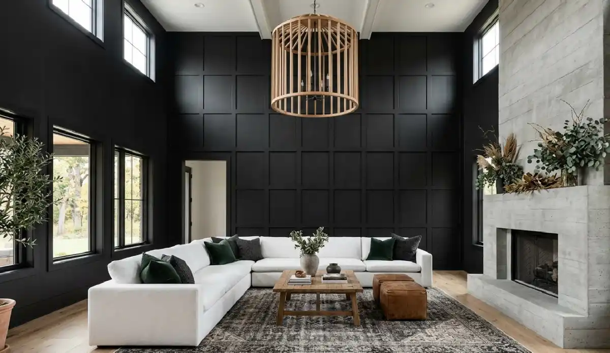 24 Moody Living Room Ideas That Redefine Dark Elegance with Bright Accents - A majestic, high-ceilinged great room defined by towering accent walls featuring charcoal-black wood paneling in a bold grid pattern