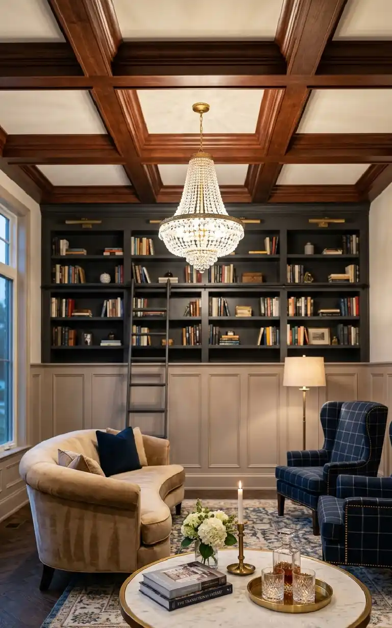 26 Luxury Farmhouse Living Rooms: A Masterclass in Inspiration, Rustic Elegance, and Architectural Grandeur 2026 - The Transitional Luxury Library Lounge