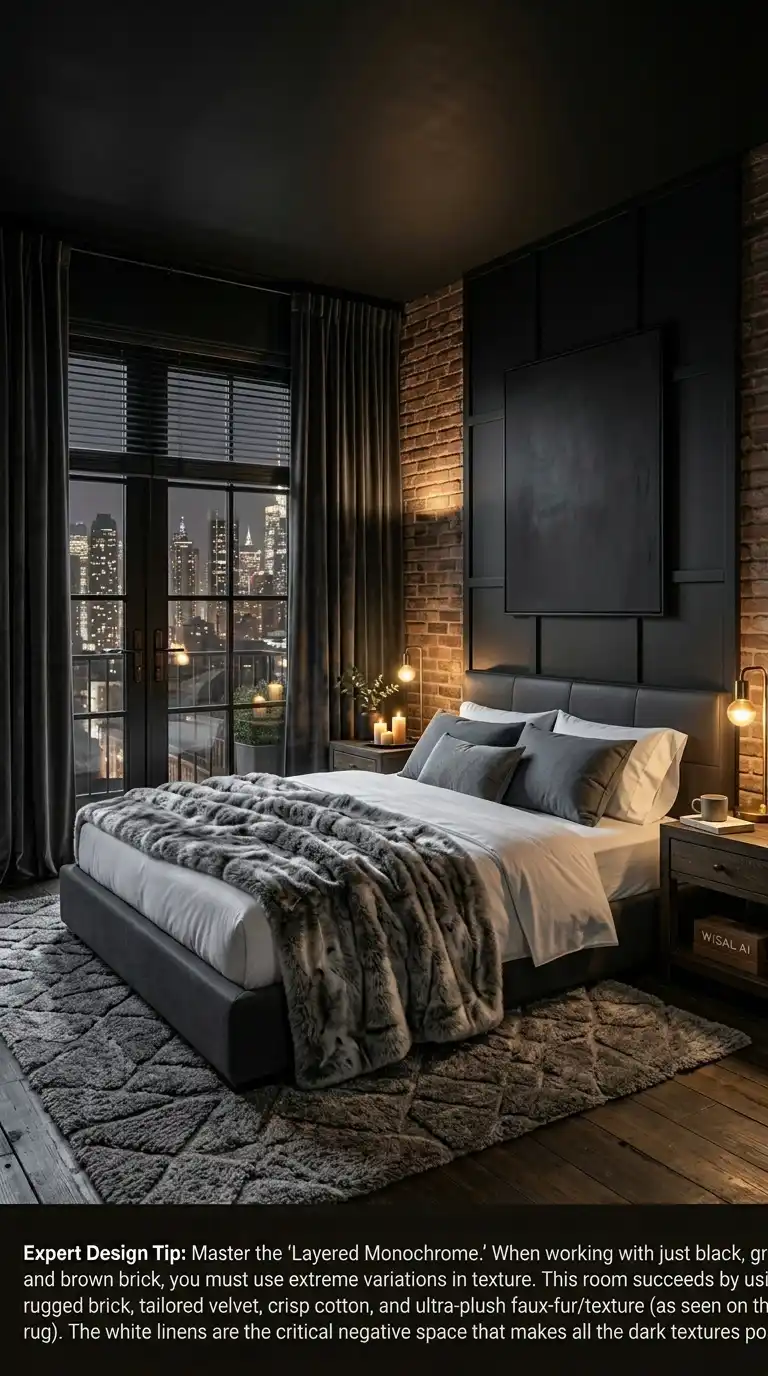 9. Vaulted Steampunk and Timeless Texture: A Curated Industrial Bedroom Idea