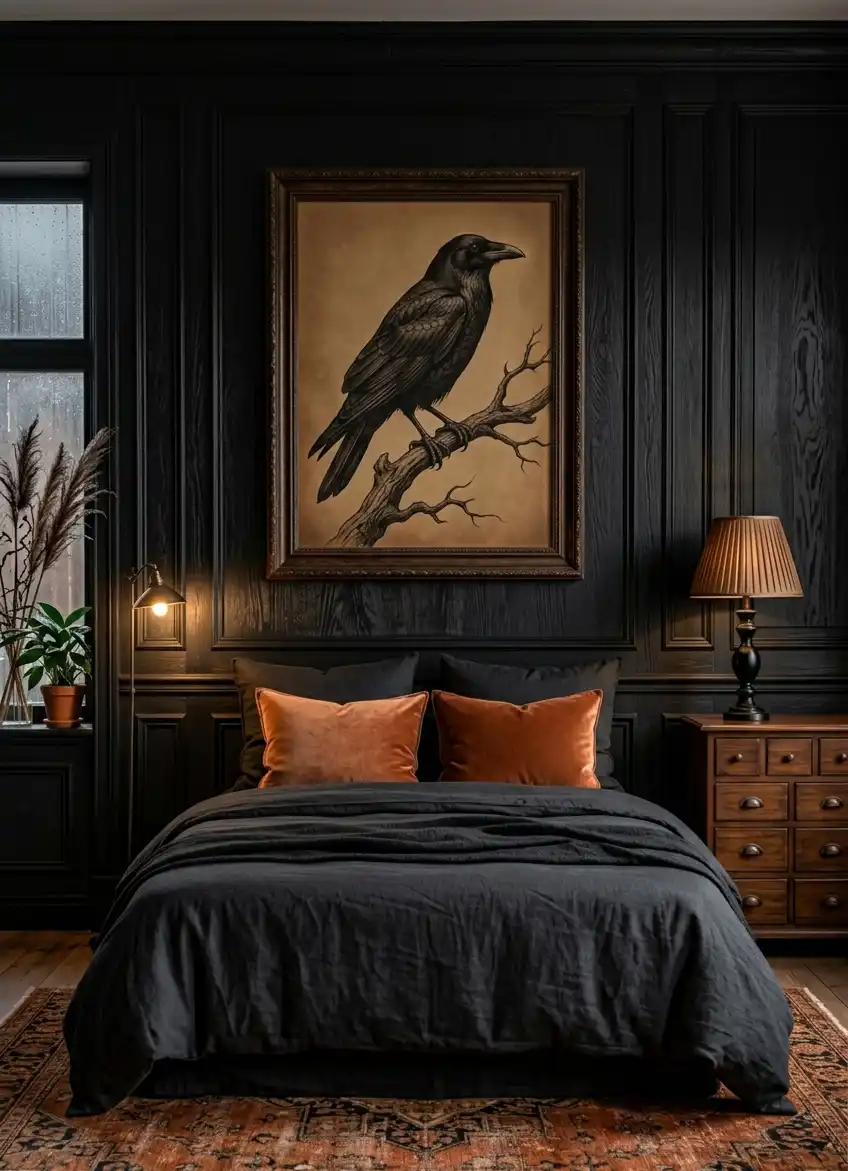 39+ Inspiring Bedroom Ideas: Where Rustic Simplicity Meets Dark Palace Elegance. - A stunning, Dark Academia inspired bedroom featuring intricate black-stained wood wall paneling. 