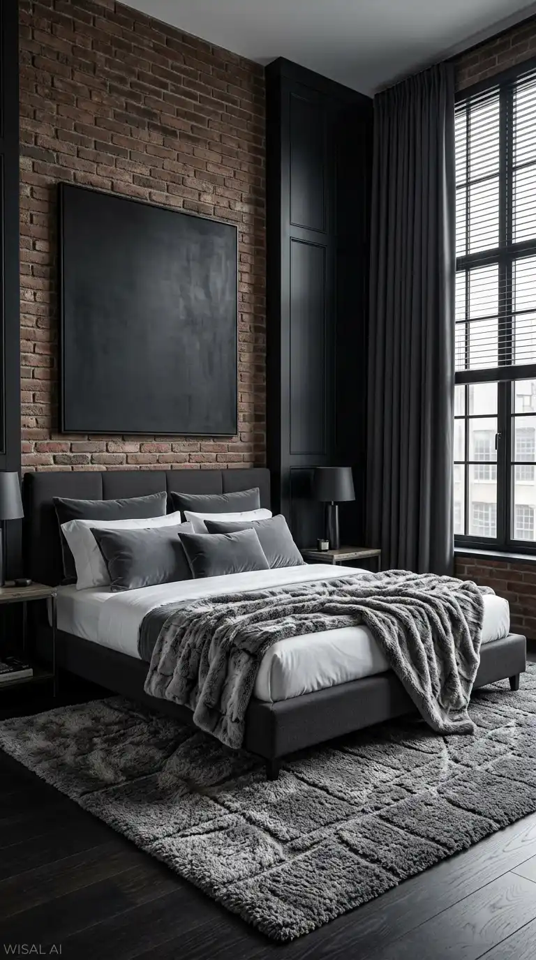 10. The Ultimate Monochrome Layer: A Sleek and Textural Industrial Bedroom Idea