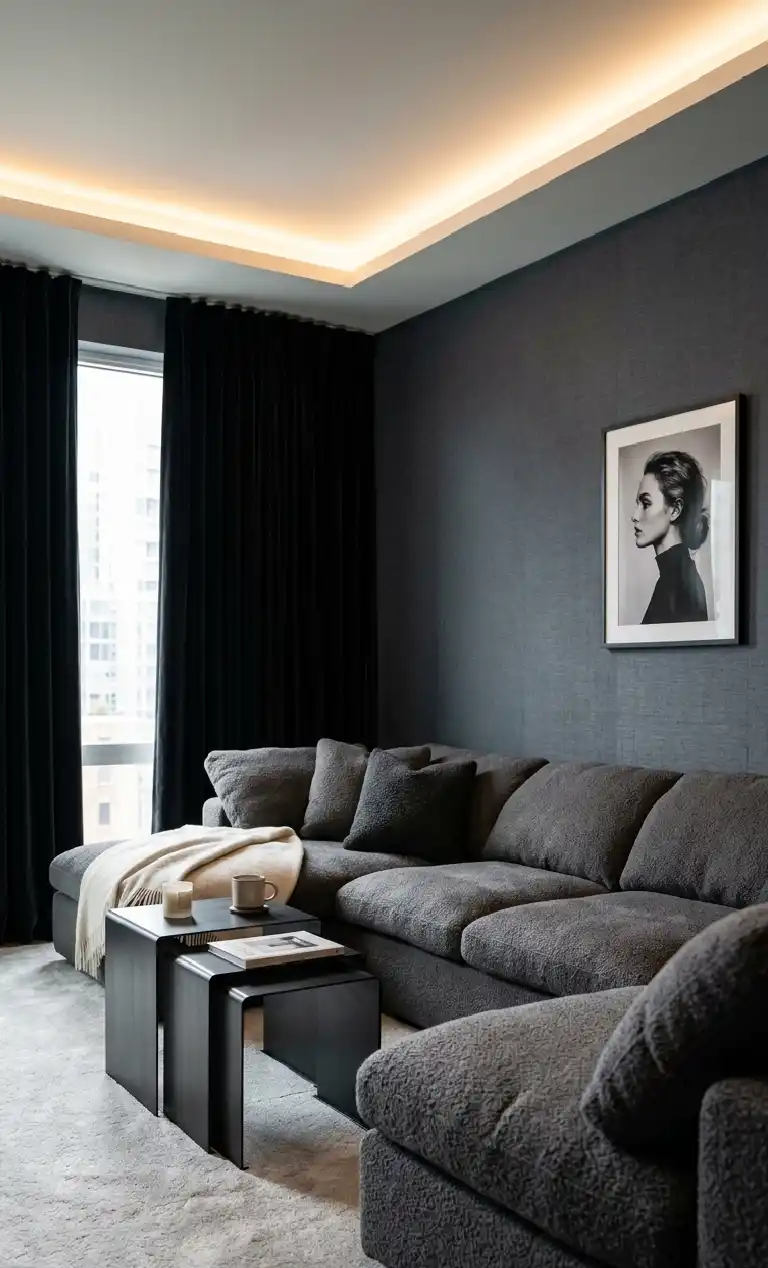 Obsidian Dreams: 22 Black Living Room Ideas to Transform Your Space 2026 - The "Soft Minimalist" Charcoal Suite living roon