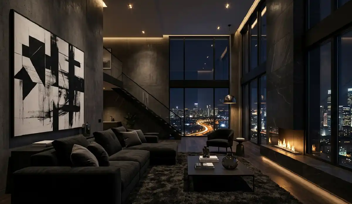 +20 Breathtaking Ideas to Master the Dark Living Room Style: A Definitive Guide to Moody Elegance, Cinematic Textures, and High-End Noir Interior Design for the Modern Home - 2. The Penthouse Noir