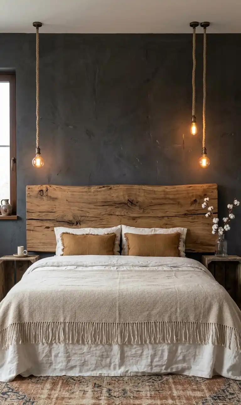 39+ Inspiring Bedroom Ideas: Where Rustic Simplicity Meets Dark Palace Elegance. - A detailed interior design shot of a serene and rustic Wabi-Sabi bedroom. The camera is positioned at a straight