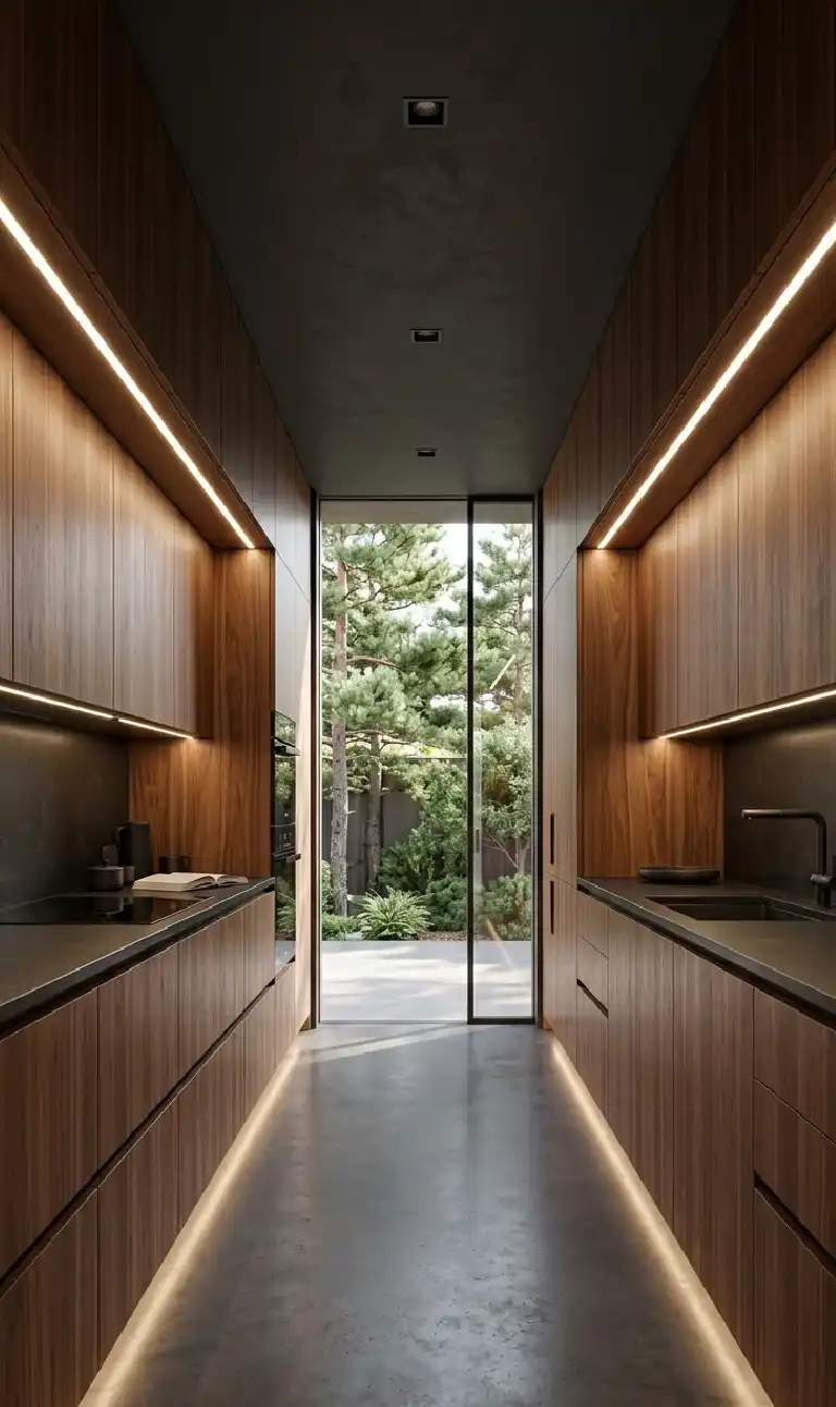 +30 Luxury Modern Kitchen Ideas: Redefining Industrial Noir and Japandi Minimalism -  Luxury Modern Kitchen Idea: Linear Symmetry and Walnut Veneer