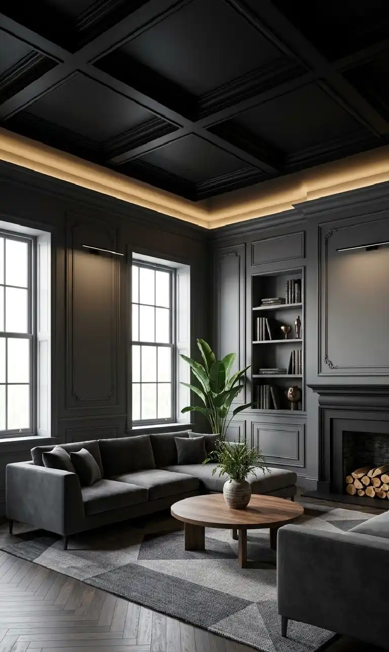 24 Moody Living Room Ideas That Redefine Dark Elegance with Bright Accents - Architectural interior photography of a vertical cinematic moody living room.
