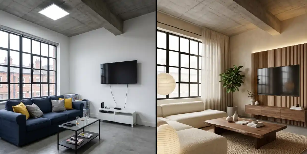 21 Radical "Before & After" Living Room Metamorphoses from Basic to Bespoke Japandi Luxury - Bespoke interior design: A Before & After reveal showing how natural jute and bouclé fabrics redefine comfort.