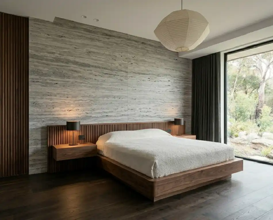 The Art of Japandi: 15  Inspiring Bedroom Designs for a Serene Sanctuary - 4. Honed Travertine and Fluted Walnut Japandi Bedroom Idea  Technical Description: This 2026 concept focuses on the intersection of Mediterranean stone and Japanese timber craft. The master wall features a massive slab of honed silver travertine, characterized by its horizontal vein-cut pattern and natural pores. Integrated into this stone wall are fluted American Walnut panels that provide a rhythmic verticality. The bed is a bespoke piece of carpentry, featuring a wrap-around walnut frame with integrated bedside consoles and wireless charging modules hidden beneath the wood veneer. 