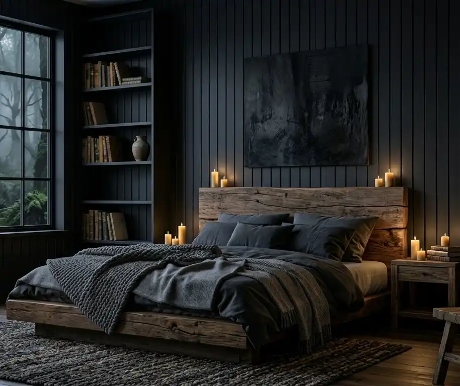 +20 Masterpieces of Shadow: The Ultimate Guide to Dark Moody Bedroom Design -  This design uses natural wood and soft candlelight to soften a monochromatic palette, offering a serene dark moody bedroom idea.
