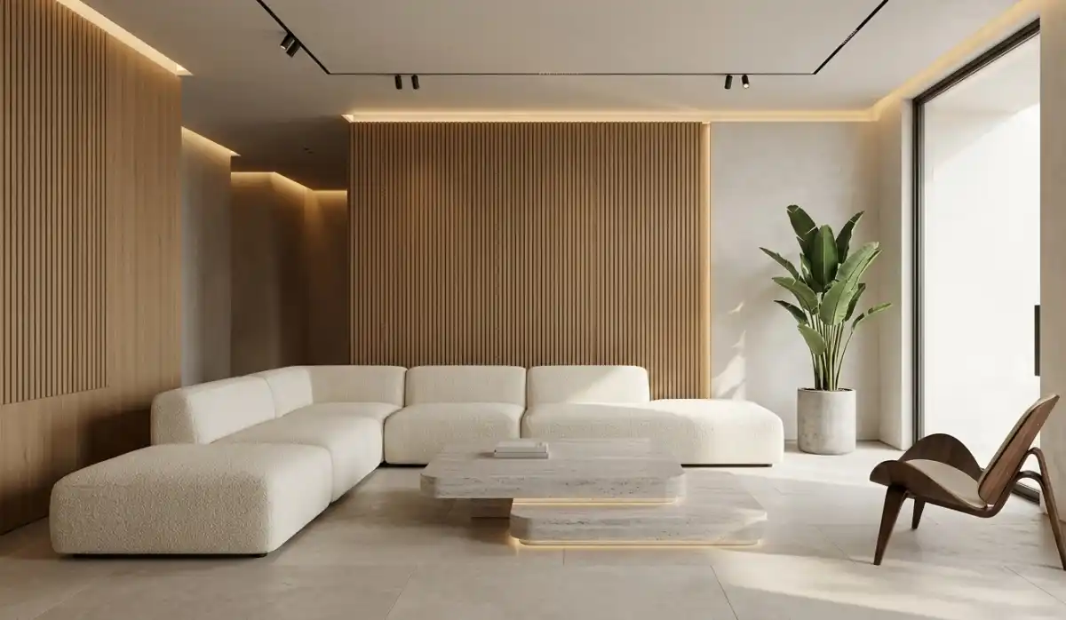  Modern Living Room Idea: The Monochromatic Zen Retreat -  Modern Living Room Idea: The Monolithic Travertine Sanctuary