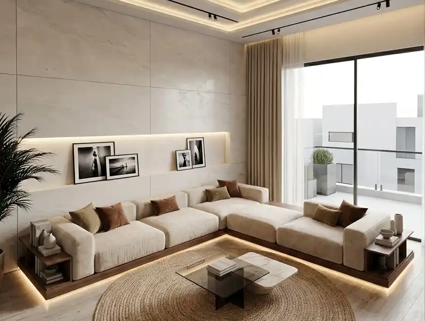 Modern Living Room Idea: The Ethereal Floating Minimalist Hub - Modern Living Room Idea: The Integrated Minimalist