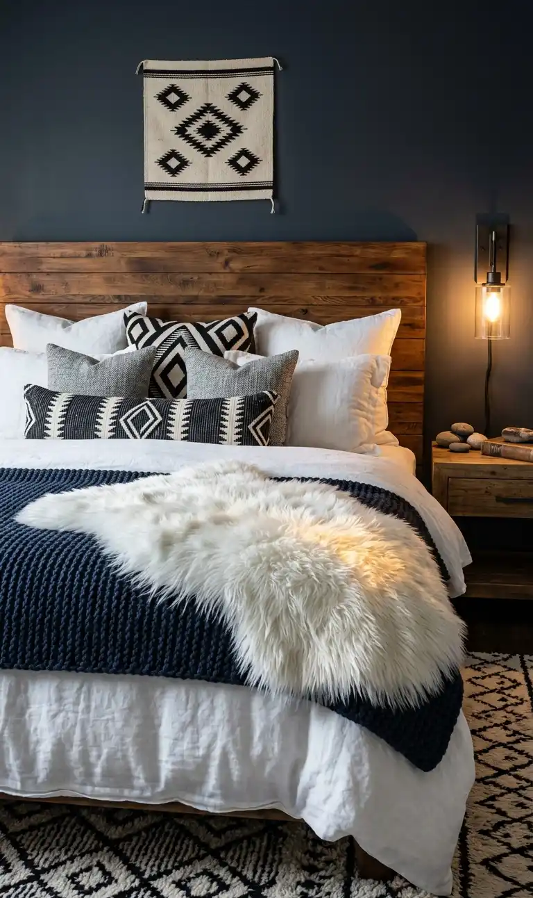 39+ Inspiring Bedroom Ideas: Where Rustic Simplicity Meets Dark Palace Elegance. - A high-resolution interior shot of a luxurious yet rustic bedroom featuring a high-contrast color palette.