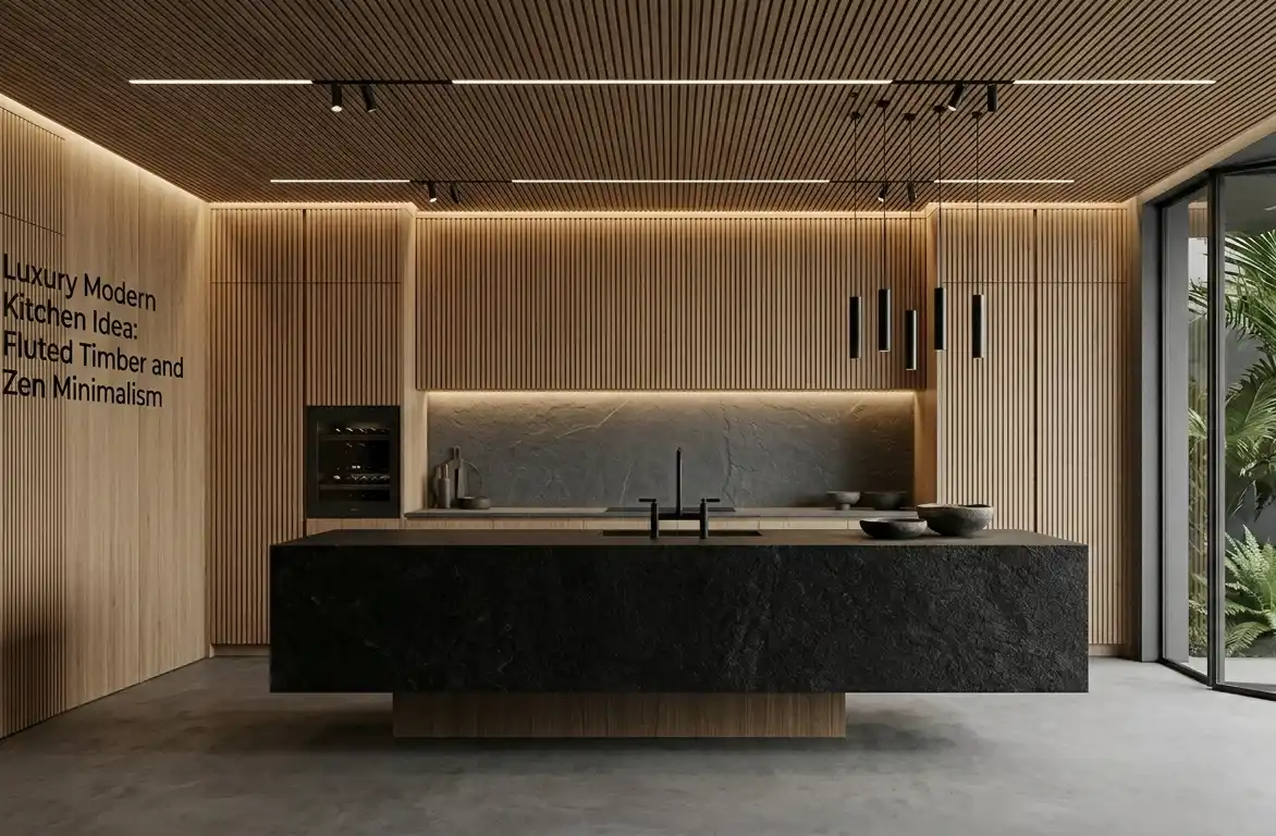 +30 Luxury Modern Kitchen Ideas: Redefining Industrial Noir and Japandi Minimalism -  Luxury Modern Kitchen Idea: Fluted Timber and Zen Minimalism