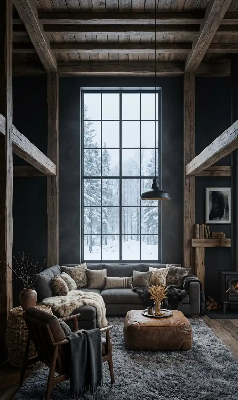 24 Moody Living Room Ideas That Redefine Dark Elegance with Bright Accents - High-resolution architectural interior visualization of a deeply atmospheric, ultra-rustic moody living room.