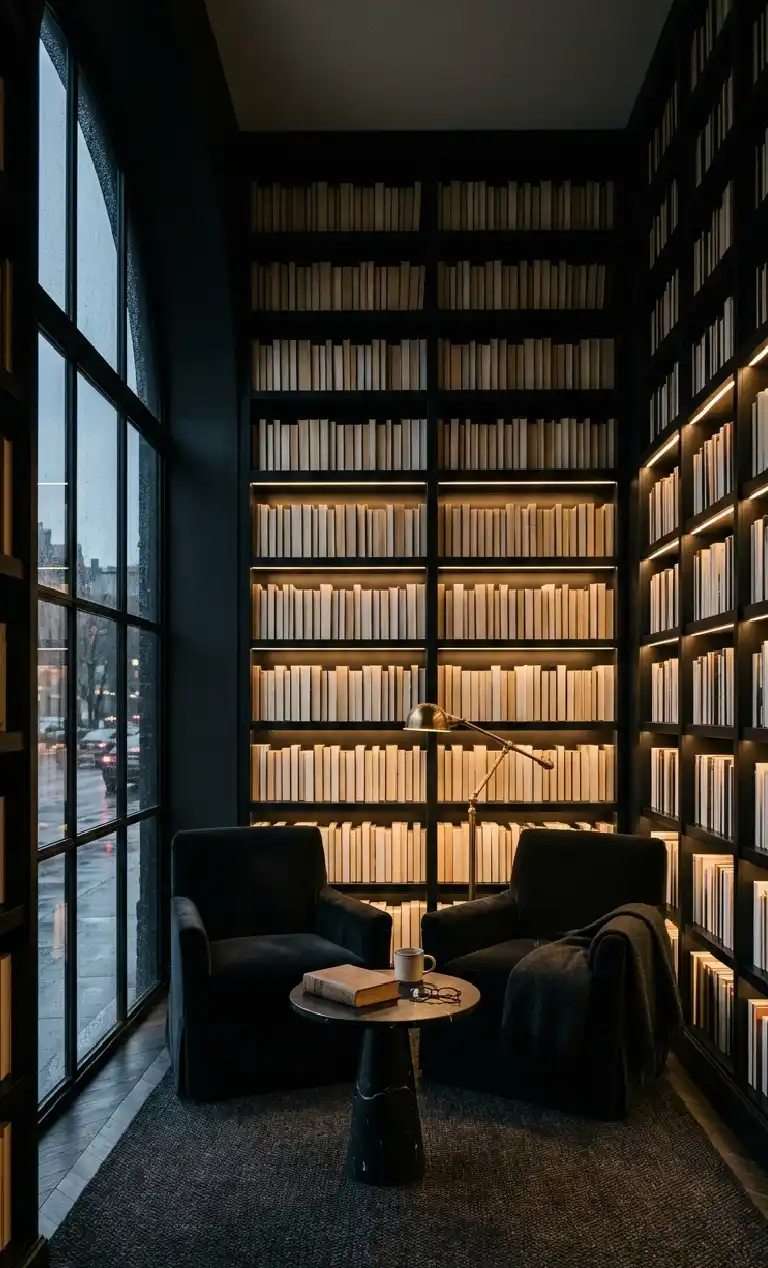 Obsidian Dreams: 22 Black Living Room Ideas to Transform Your Space 2026 - The Minimalist Black Library living roon