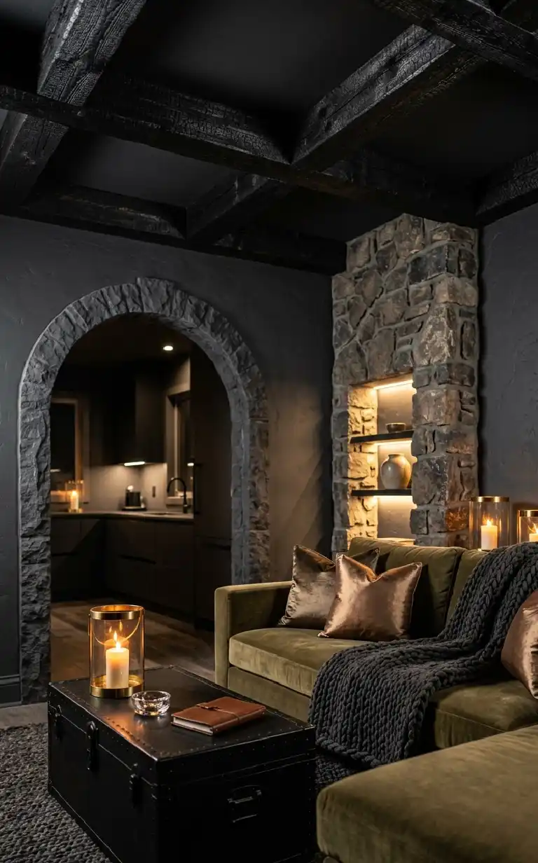 26 Luxury Farmhouse Living Rooms: A Masterclass in Inspiration, Rustic Elegance, and Architectural Grandeur 2026 - The Obsidian & Stone Nocturnal Lounge