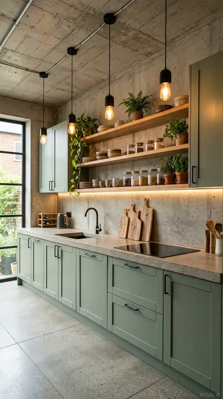 11. Organic Industrial: Concrete and Wood in Harmony with Sage Green Kitchen Design