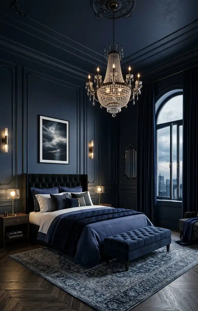 39+ Inspiring Bedroom Ideas: Where Rustic Simplicity Meets Dark Palace Elegance. - A wide-angle, cinematic interior shot of a sophisticated, dark navy blue master bedroom. The walls feature elegant classic molding and wainscoting,