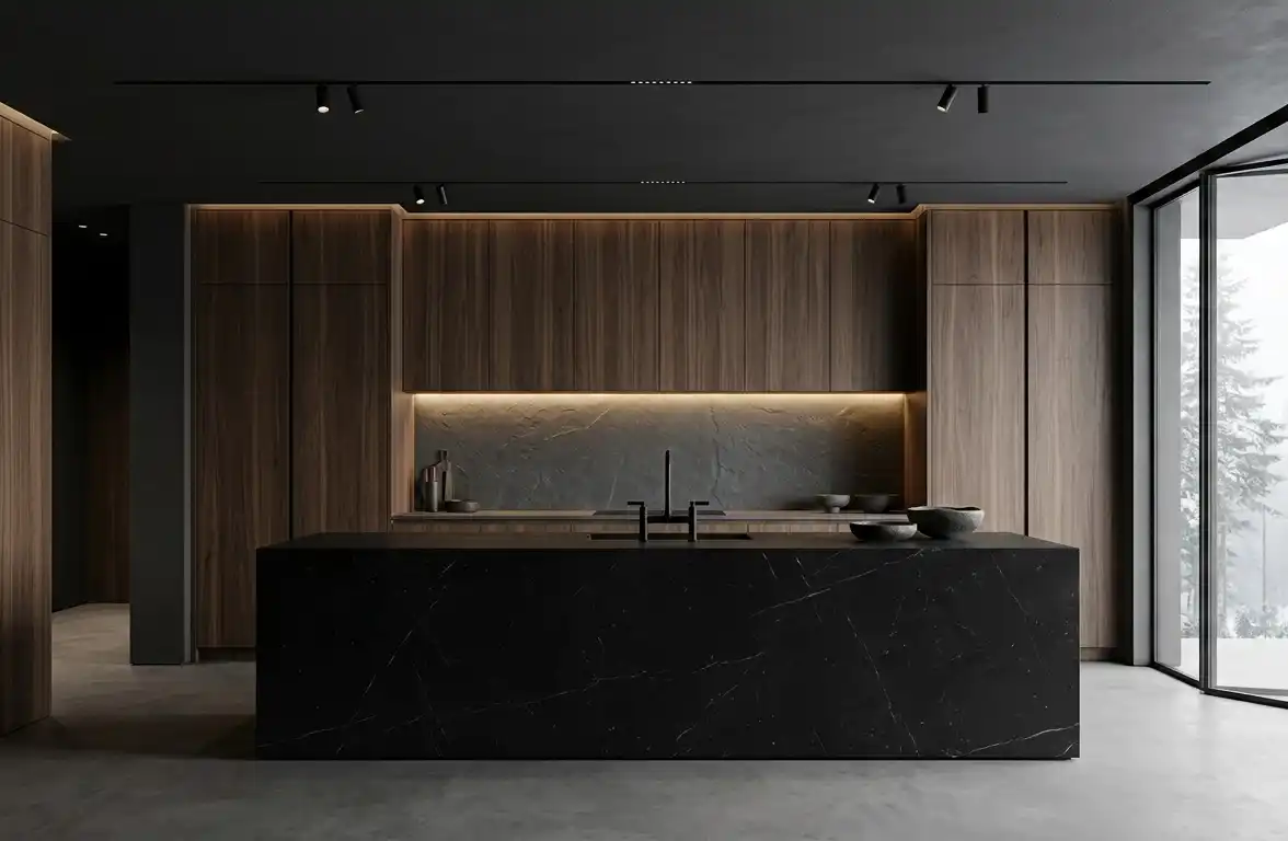 +30 Luxury Modern Kitchen Ideas: Redefining Industrial Noir and Japandi Minimalism -  Luxury Modern Kitchen Idea: The Monolithic Obsidian Island