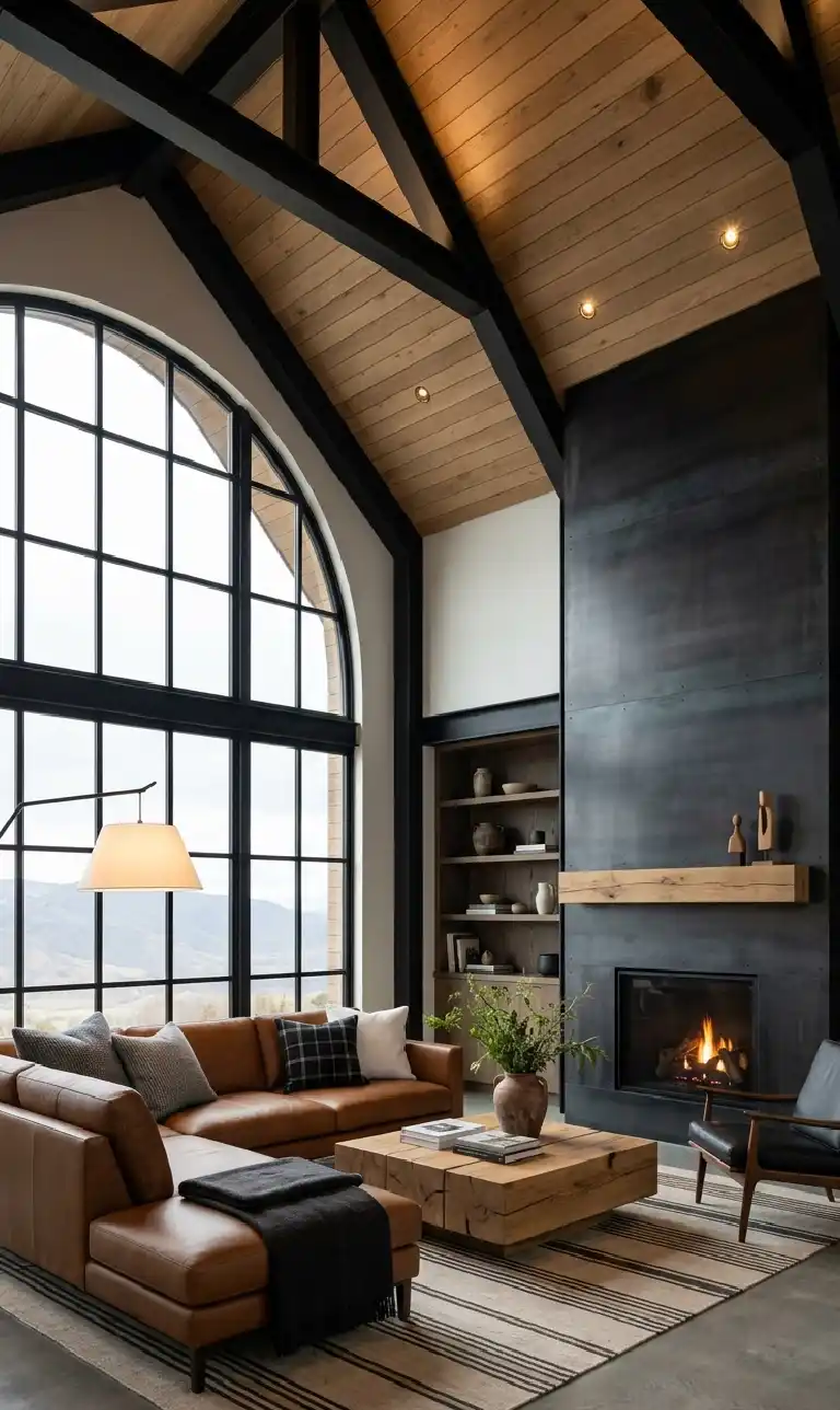 24 Moody Living Room Ideas That Redefine Dark Elegance with Bright Accents - Architectural interior visualization of a vertical, double-height modern mountain lodge living room.