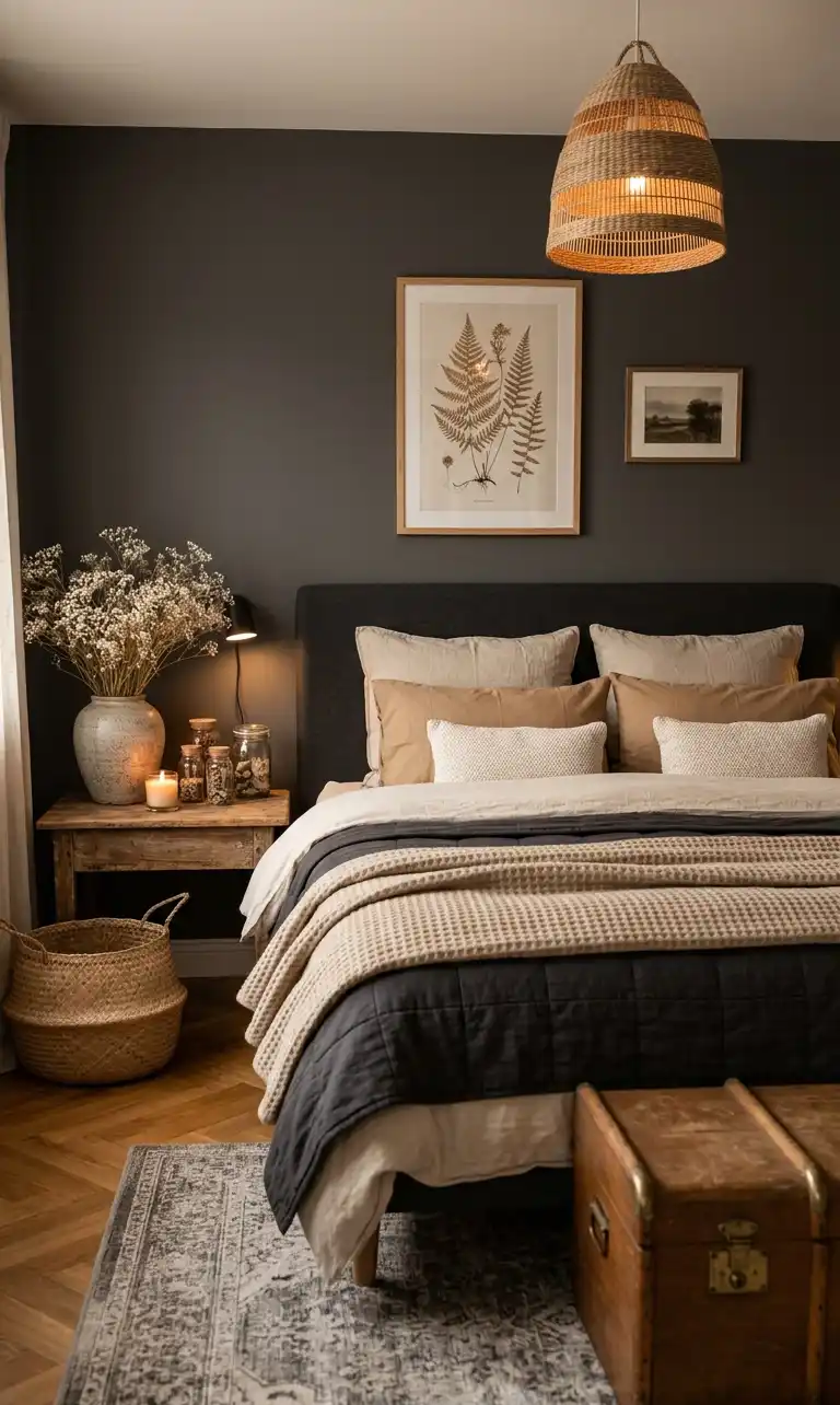 39+ Inspiring Bedroom Ideas: Where Rustic Simplicity Meets Dark Palace Elegance. -  cozy, warm-toned bedroom captured from a side-angle perspective. The focus is on the interplay between the dark grey walls and the warm beige and brown accessories