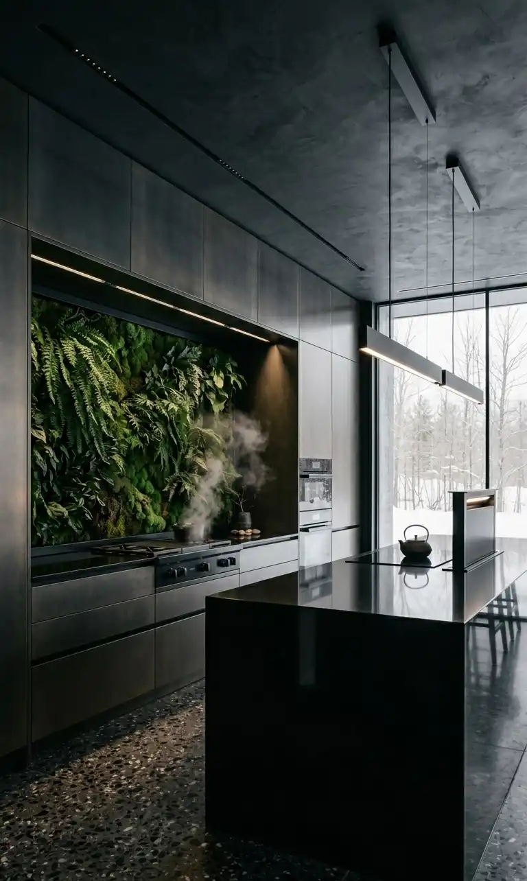 +30 Luxury Modern Kitchen Ideas: Redefining Industrial Noir and Japandi Minimalism -  Luxury Modern Kitchen Idea: Obsidian Reflections and Lush Greenery
