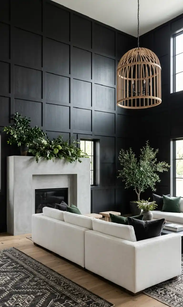 24 Moody Living Room Ideas That Redefine Dark Elegance with Bright Accents - A sophisticated, high-contrast living room centered around a double-height focal wall featuring deep charcoal-black wood paneling