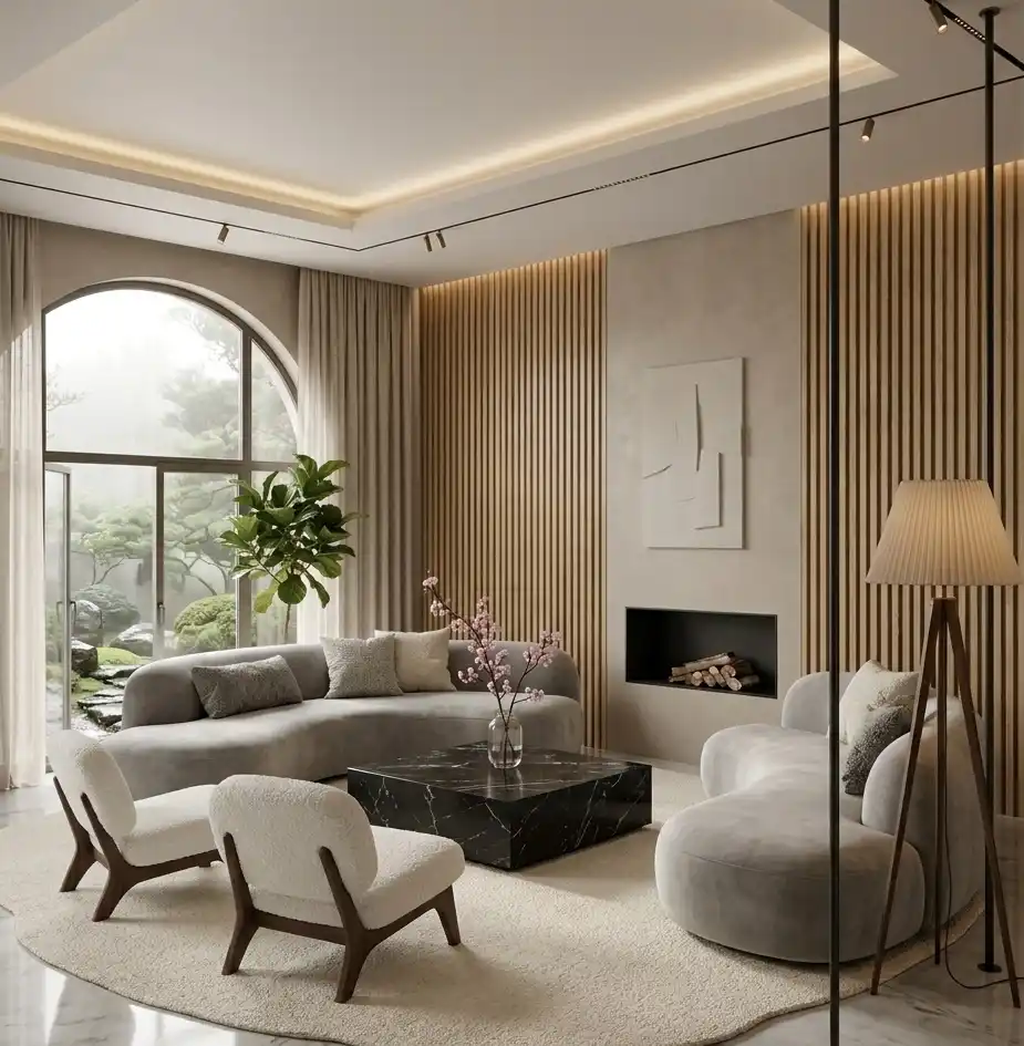  Modern Living Room Idea: The Architectural Contour - Modern Living Room Idea: The Vertical Rhythm & Wood Warmth