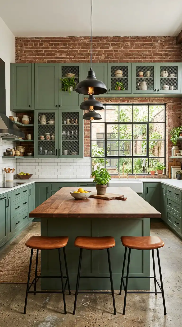 12. A Bold Contrast: Textured Mesh and Rustic Brick in a Sage Green Kitchen Design