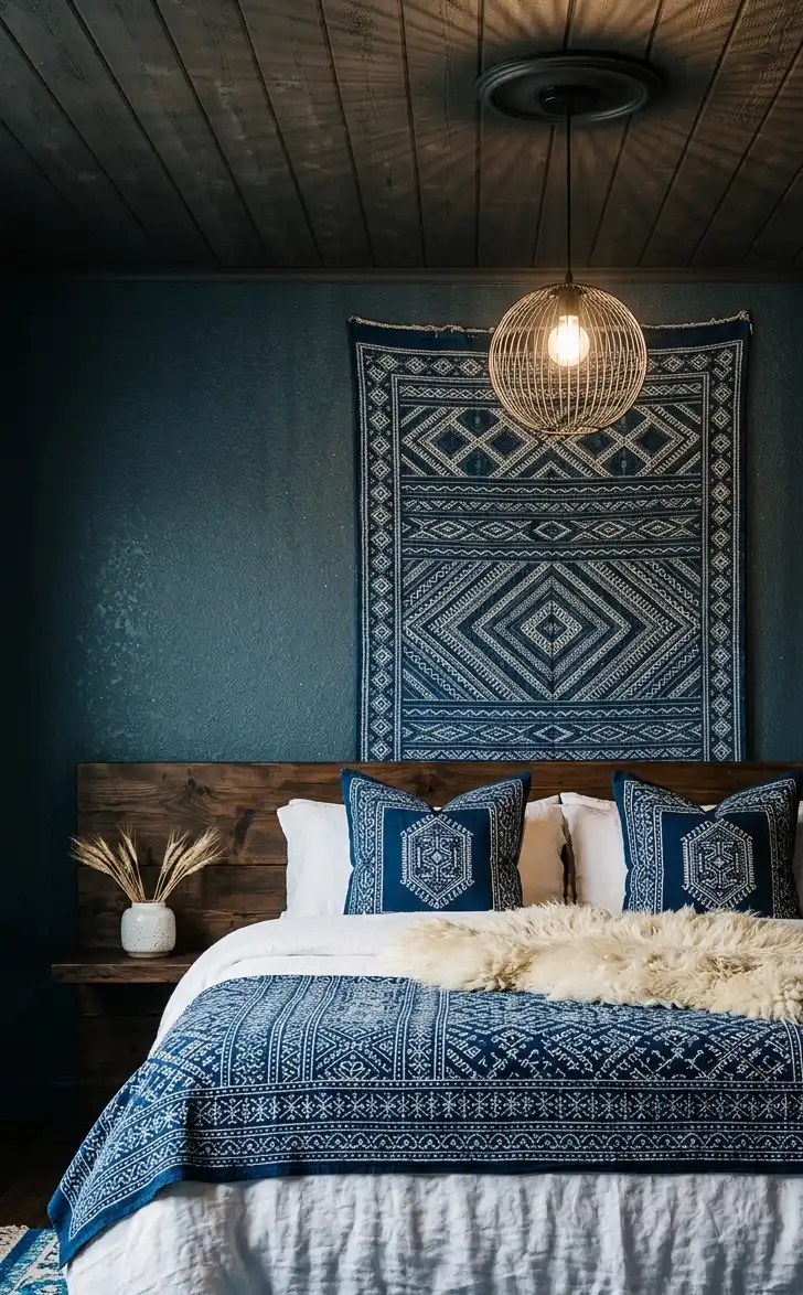 39+ Inspiring Bedroom Ideas: Where Rustic Simplicity Meets Dark Palace Elegance. - An artistic interior photograph of a bedroom with strong ethnic and bohemian influences. The camera angle is a straight-on shot emphasizing the verticality of the design.