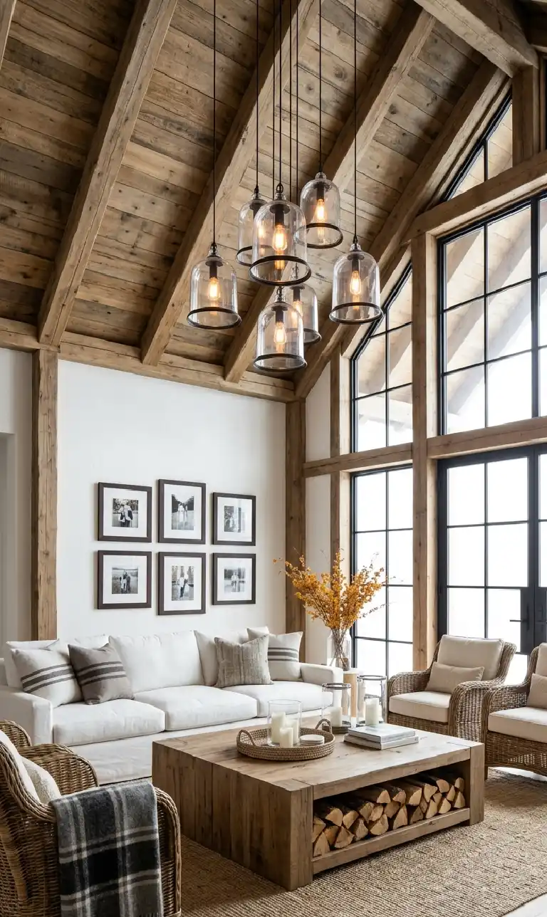 24 Moody Living Room Ideas That Redefine Dark Elegance with Bright Accents - High-resolution architectural interior photography of a vertical, double-height modern rustic lodge living room.