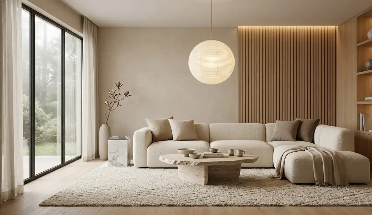 Modern Living Room Idea: The Vertical Rhythm & Wood Warmth - Modern Living Room Idea: The Sculptural Japandi Retreat