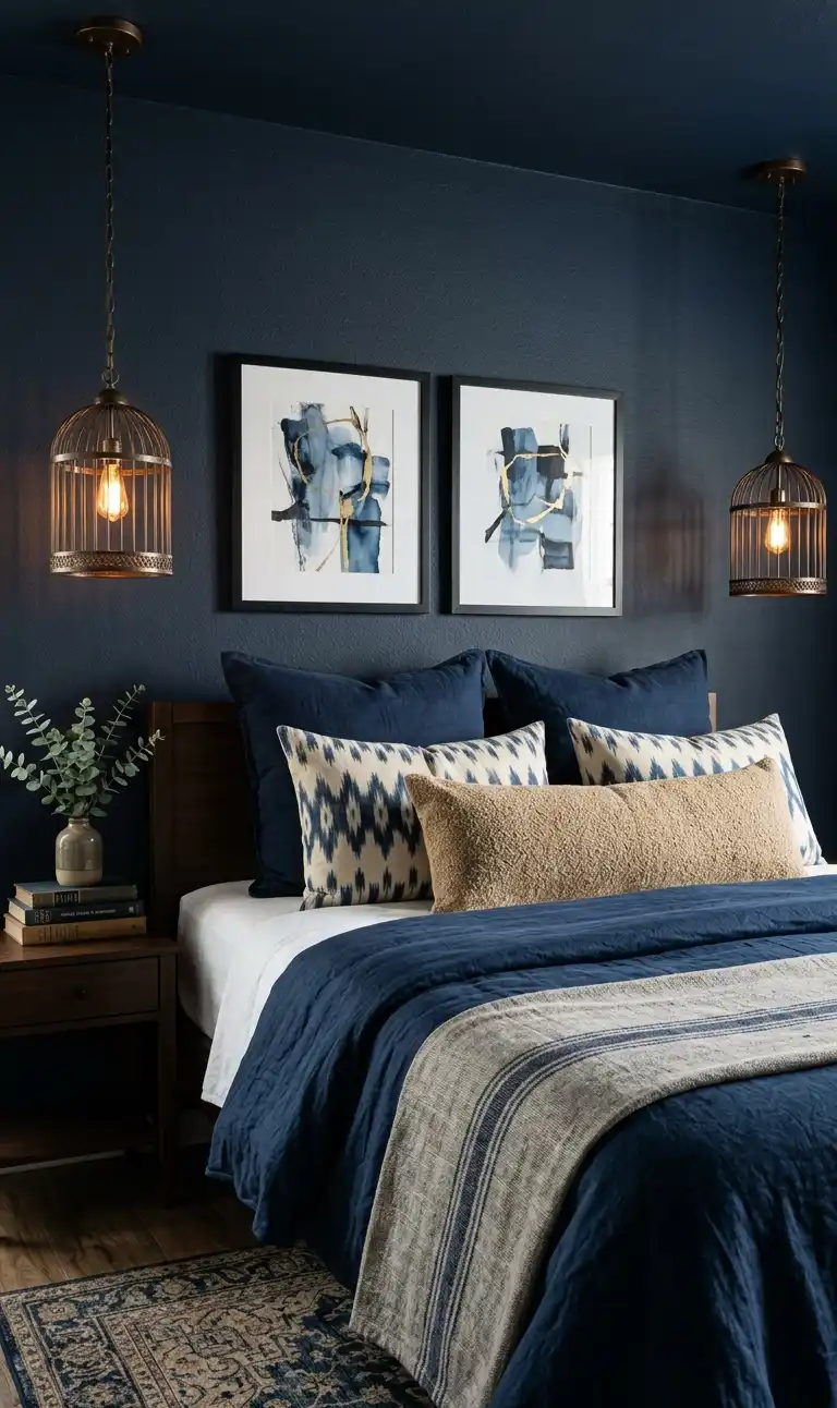 39+ Inspiring Bedroom Ideas: Where Rustic Simplicity Meets Dark Palace Elegance. - A focused, medium shot of a bed styled with deep indigo and natural textures. The wall is a matte,