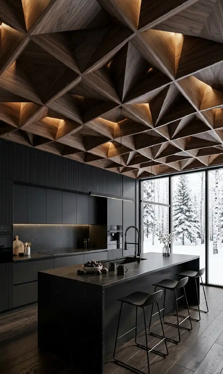 +30 Luxury Modern Kitchen Ideas: Redefining Industrial Noir and Japandi Minimalism - xury Modern Kitchen Idea: Geometric Ceilings and Shadow Play
