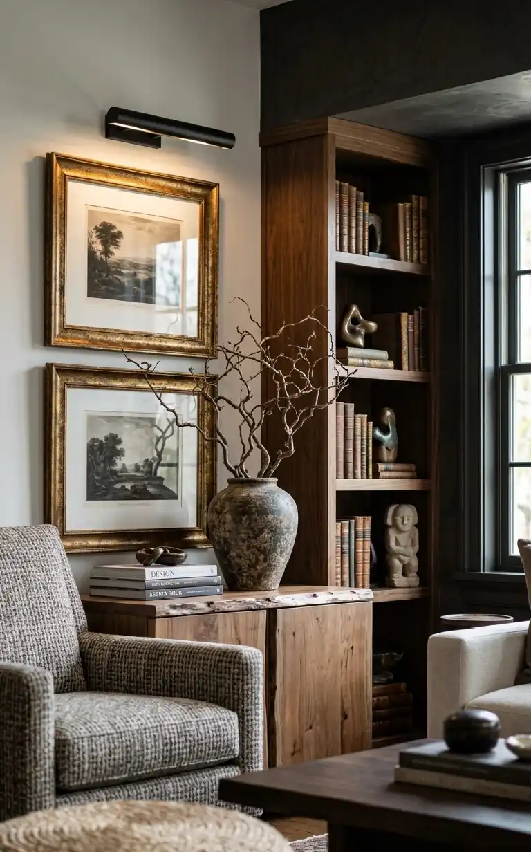 26 Luxury Farmhouse Living Rooms: A Masterclass in Inspiration, Rustic Elegance, and Architectural Grandeur 2026 - Close-up, medium shot at a 45-degree angle, focusing on the dark wood side-cabinet area and the adjacent sofa.Visuals: A shallow depth-of-field