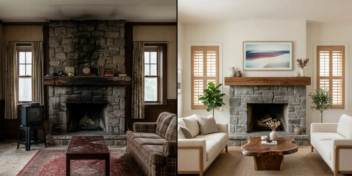 21 Radical "Before & After" Living Room Metamorphoses from Basic to Bespoke Japandi Luxury - Before: Messy cables and dated units. After: A sleek, minimalist Japandi media wall with hidden tech integration.