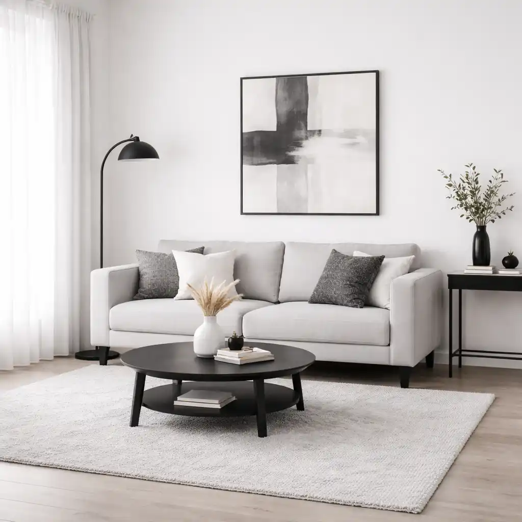 Top 10 Minimalist Living Room Ideas on a Budget (2026 Guide) - 3. Monochrome Minimalist Living Room  A monochrome living room focuses on a single color palette—typically black, white, and shades of gray. This creates a bold yet clean aesthetic that feels modern and sophisticated.