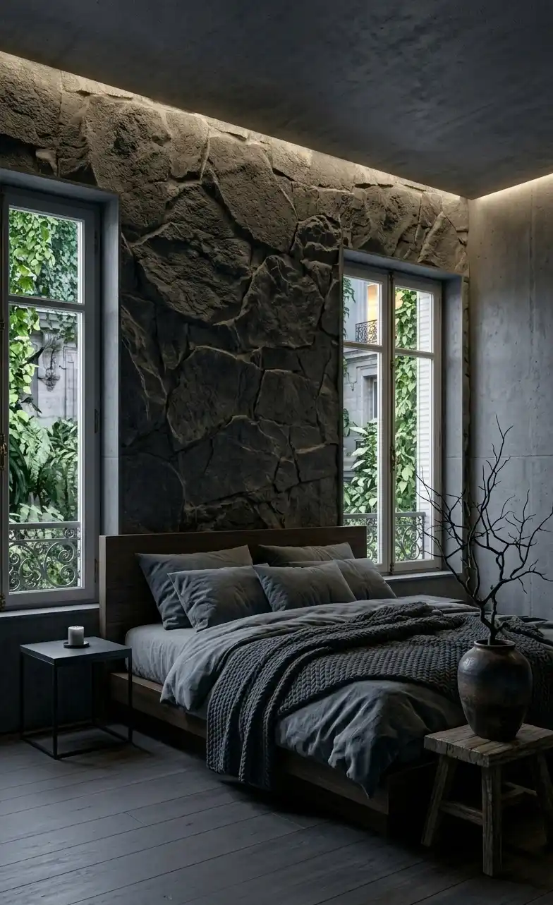 +20 Masterpieces of Shadow: The Ultimate Guide to Dark Moody Bedroom Design - For a bold, masculine look, this dark moody bedroom idea relies on the raw texture of stone and