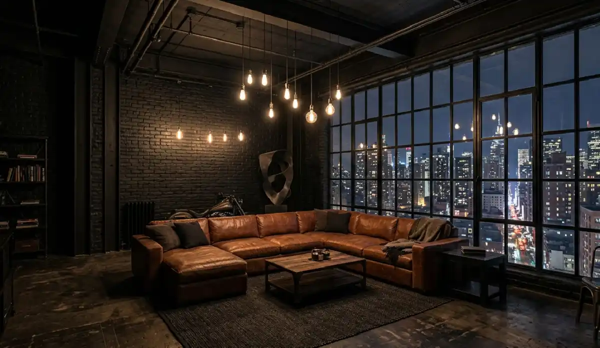 +20 Breathtaking Ideas to Master the Dark Living Room Style: A Definitive Guide to Moody Elegance, Cinematic Textures, and High-End Noir Interior Design for the Modern Home - 3. The Industrial Noir Loft