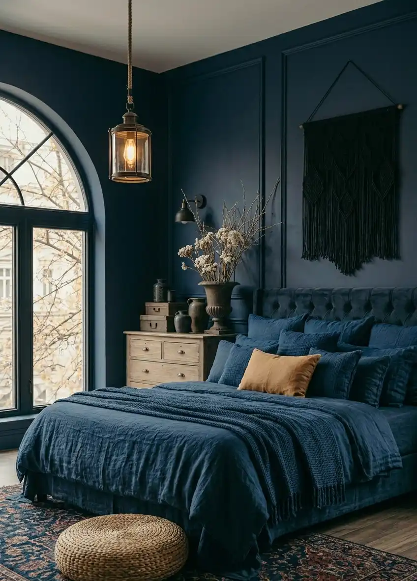 39+ Inspiring Bedroom Ideas: Where Rustic Simplicity Meets Dark Palace Elegance. - A detailed and atmospheric photograph capturing a moody, sophisticated, and deeply hued bedroom with a focus on rich blues. 