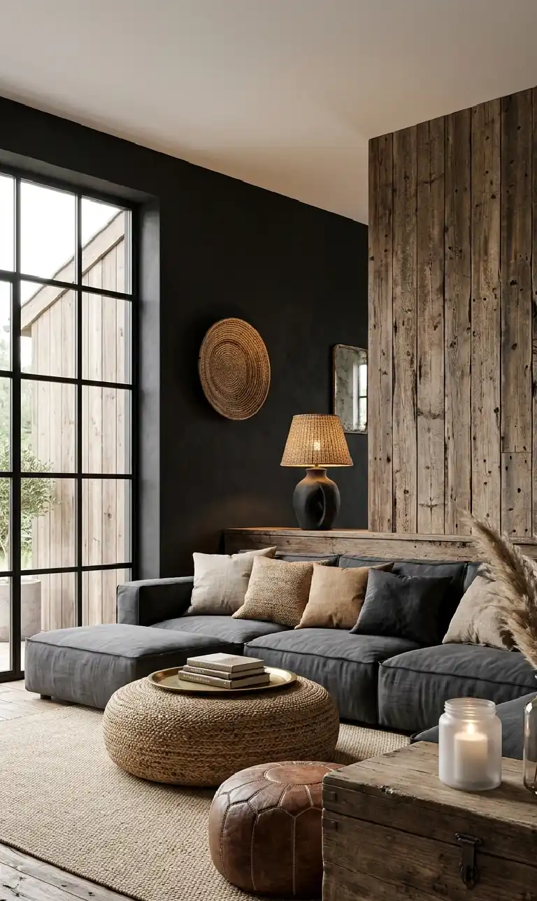 24 Moody Living Room Ideas That Redefine Dark Elegance with Bright Accents - High-resolution architectural interior visualization of a vertical, cozy, moody living room with a rustic Wabi-Sabi aesthetic