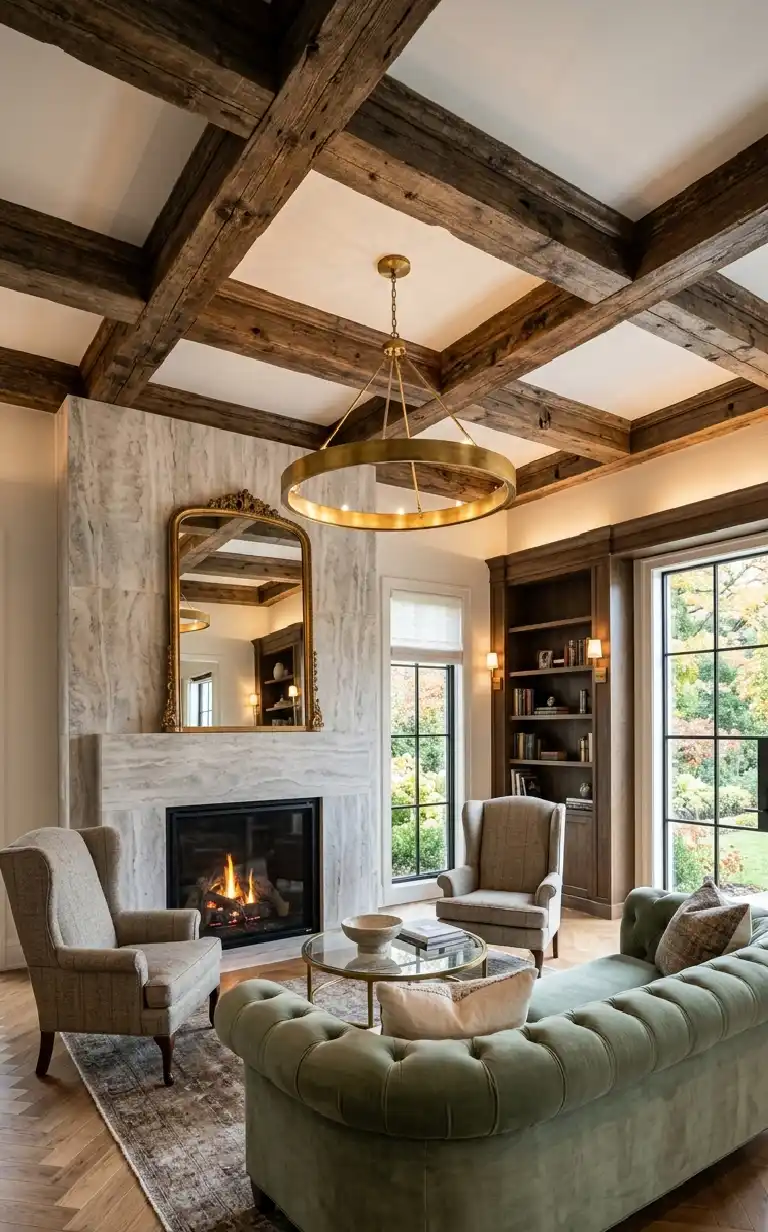 26 Luxury Farmhouse Living Rooms: A Masterclass in Inspiration, Rustic Elegance, and Architectural Grandeur 2026 - The Rustic Manor (Mixed Materials)