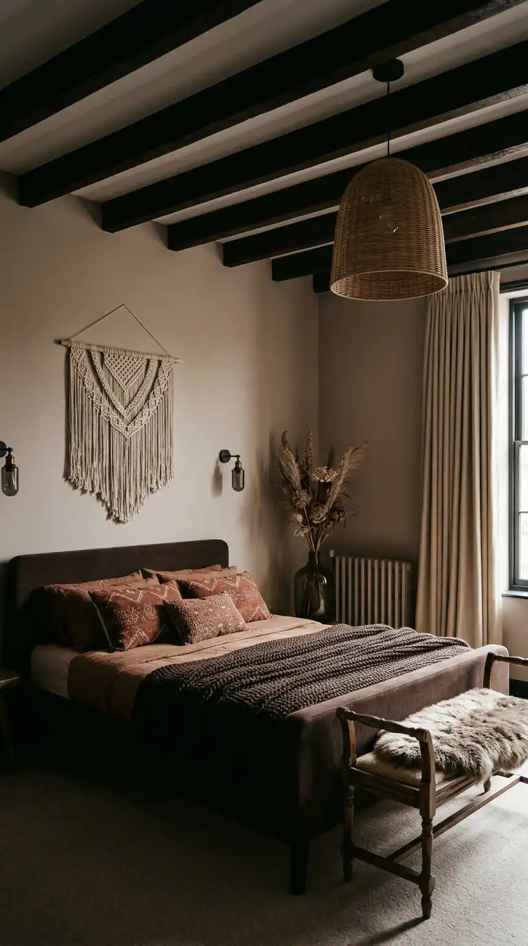 Elegant BOHO Bedroom Idea: The Earthy Textural Layer - Elegant BOHO Bedroom Idea: Rustic Beam Retreat