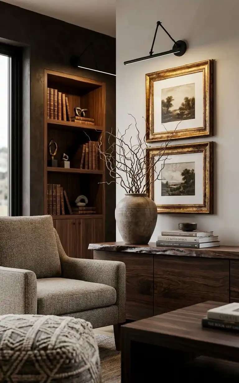 26 Luxury Farmhouse Living Rooms: A Masterclass in Inspiration, Rustic Elegance, and Architectural Grandeur 2026 - Close-up, medium shot at a 45-degree angle, focusing on the dark wood side-cabinet area and the adjacent sofa.Visuals: A shallow depth-of-field