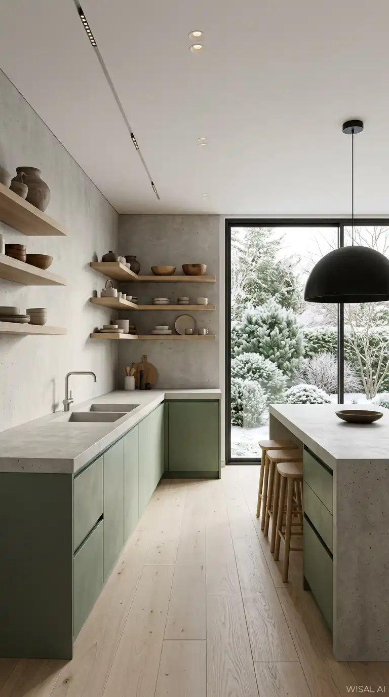 13. Nordic Zen: Minimalist Concrete and Wood Sage Green Kitchen Design