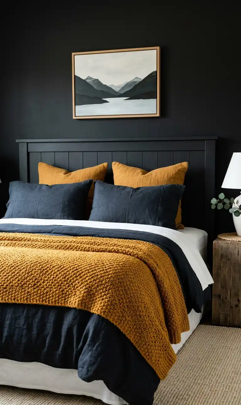 39+ Inspiring Bedroom Ideas: Where Rustic Simplicity Meets Dark Palace Elegance. - A striking interior shot of a bedroom with a bold "Black and Amber" color scheme. The camera angle is a centered medium shot. 