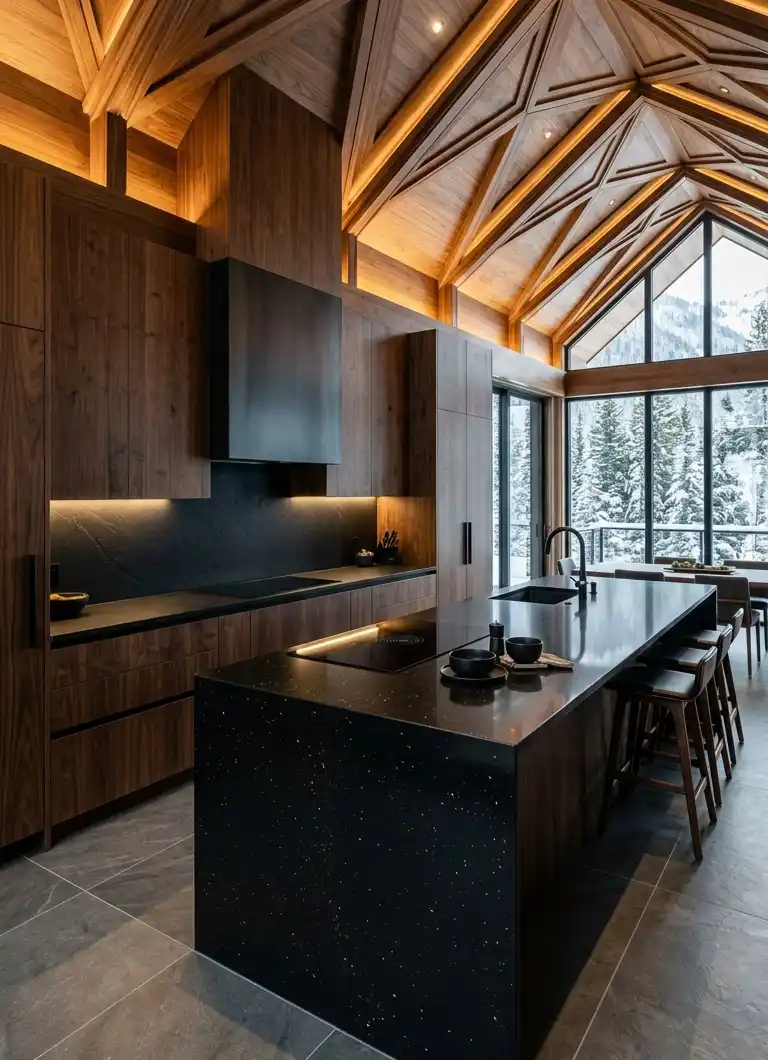 +30 Luxury Modern Kitchen Ideas: Redefining Industrial Noir and Japandi Minimalism -  Luxury Modern Kitchen Idea: The Sculptural Vaulted Wood Ceiling