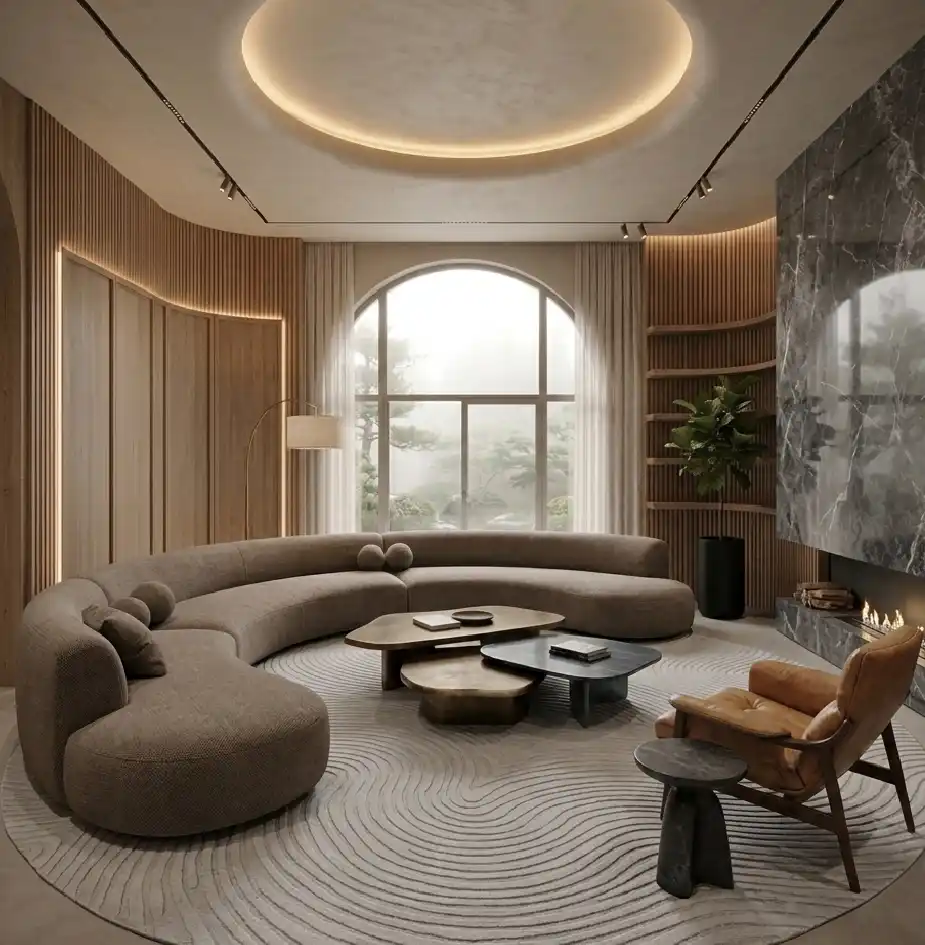 Modern Living Room Idea: The Sculptural Japandi Retreat - Modern Living Room Idea: The Contrast of Stone and Timber