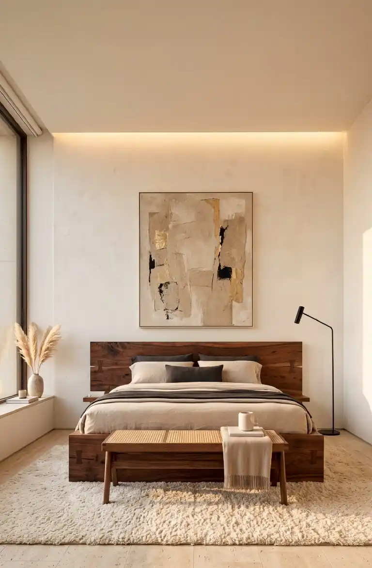 25 Best Japandi Bedroom Ideas to Transform Your Space into a Serene Sanctuary -  Tectonic Warmth: The Travertine & Walnut Suite